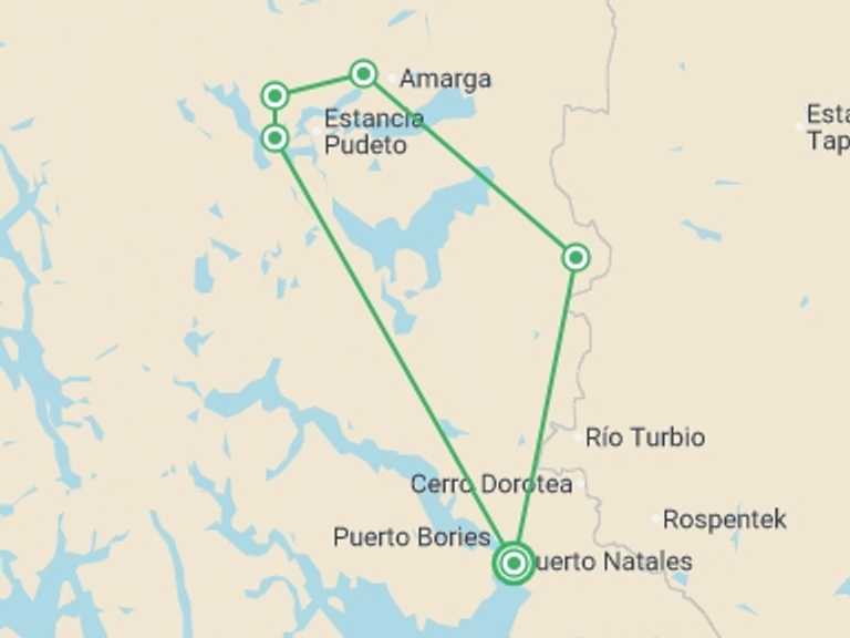 Map itinerary of Chile Tour in Fall with 7 destination visits for the trip: Torres del Paine W Trek 5D/4N (Self-Guided)