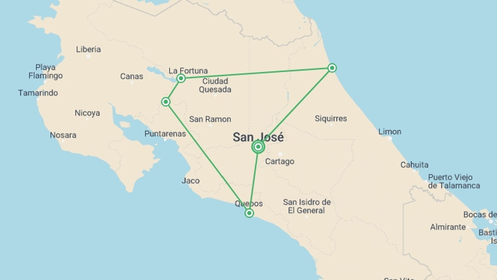 A map showing the tour itinerary for the trip: Amazing Costa Rica, starting in San Jose, Costa Rica and ending in San Jose, Costa Rica going through 4 other destinations.