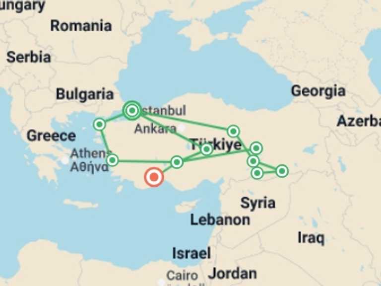 Map itinerary of Mediterranean Tour in September 2027 with 11 destination visits for the trip: Turkey Adventure