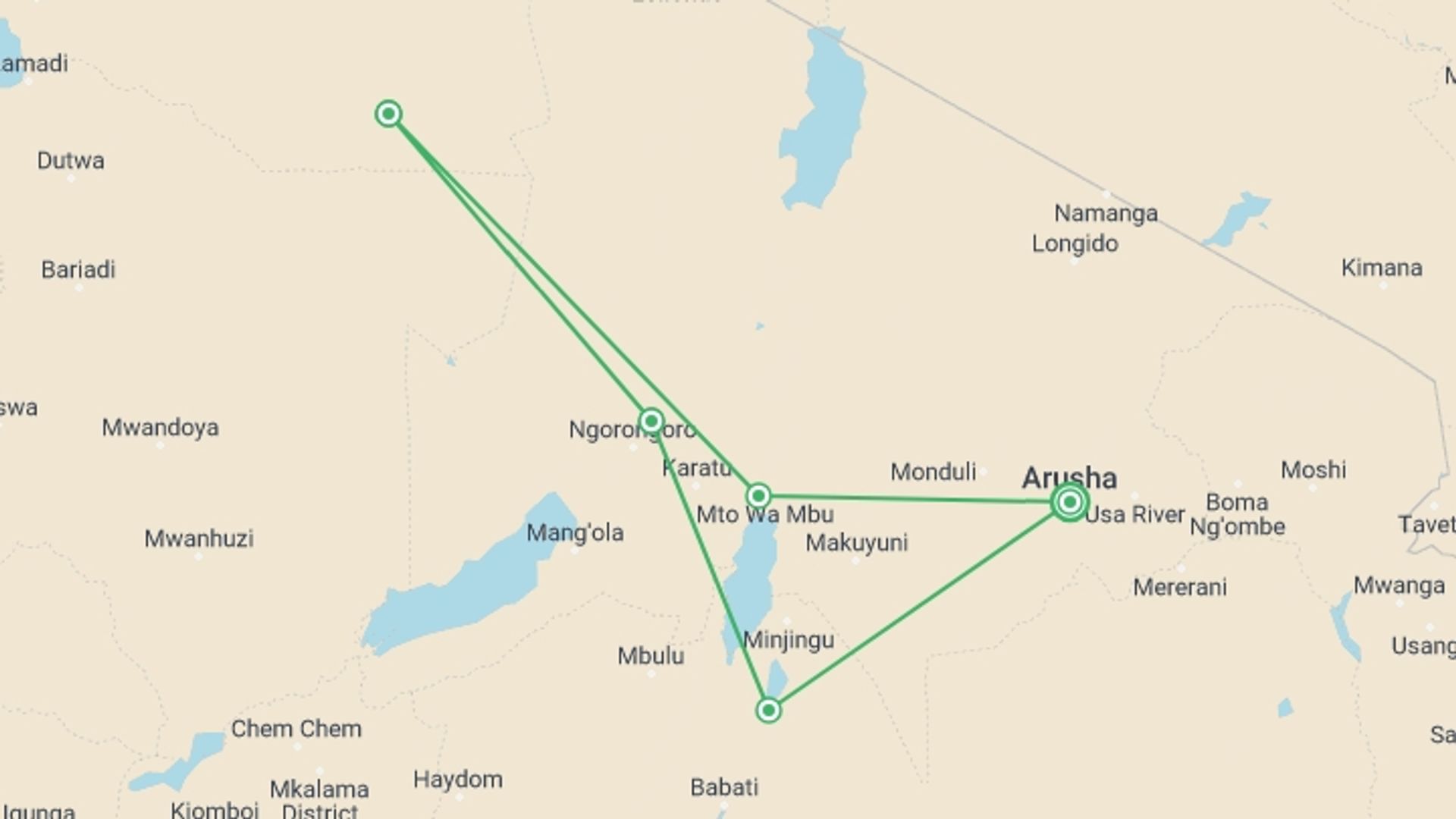 A map showing the tour itinerary for the trip: 8-Day Tanzania Safari, starting in Arusha, Tanzania and ending in Arusha, Tanzania going through 5 other destinations.