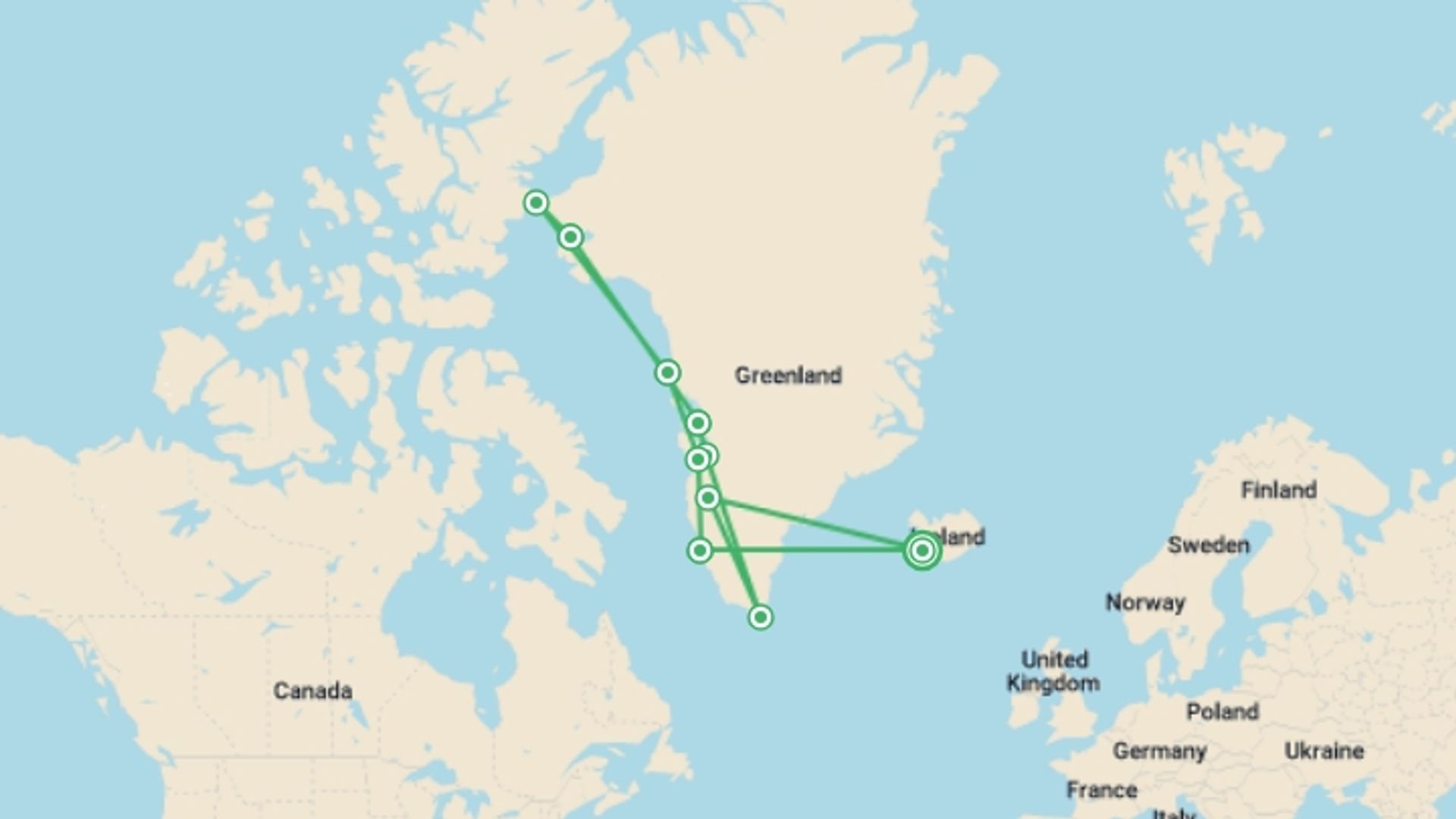 A map showing the tour itinerary for the trip: West Greenland: Exploring the Far North, starting in Reykjavik, Iceland and ending in Reykjavik, Iceland going through 9 other destinations.