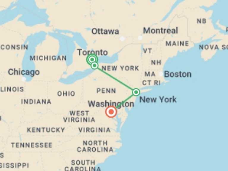 Map of New York Cultural, religious and historic sites Tour with 4 destination visits for the trip: Toronto, Niagara with East Coast End Washington
