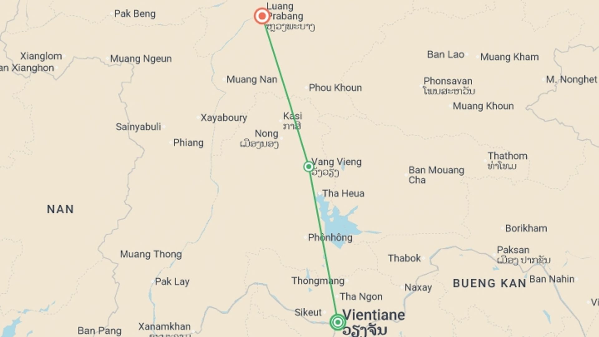 A map showing the tour itinerary for the trip: Highlights of Laos - 7 days, starting in Vientiane, Laos and ending in Luang Prabang, Laos going through 1 other destinations.
