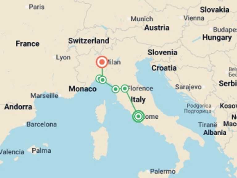 Map of a City sightseeing Tour with 4 destination visits for the trip: Discover Italy end Milan