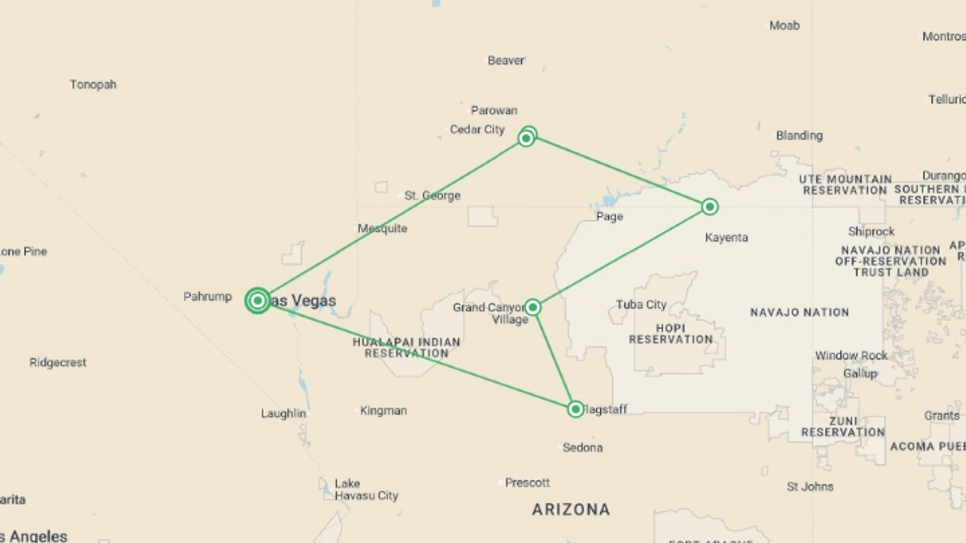 A map showing the tour itinerary for the trip: Canyon Country Showcase, starting in Las Vegas, USA and ending in Las Vegas, USA going through 5 other destinations.