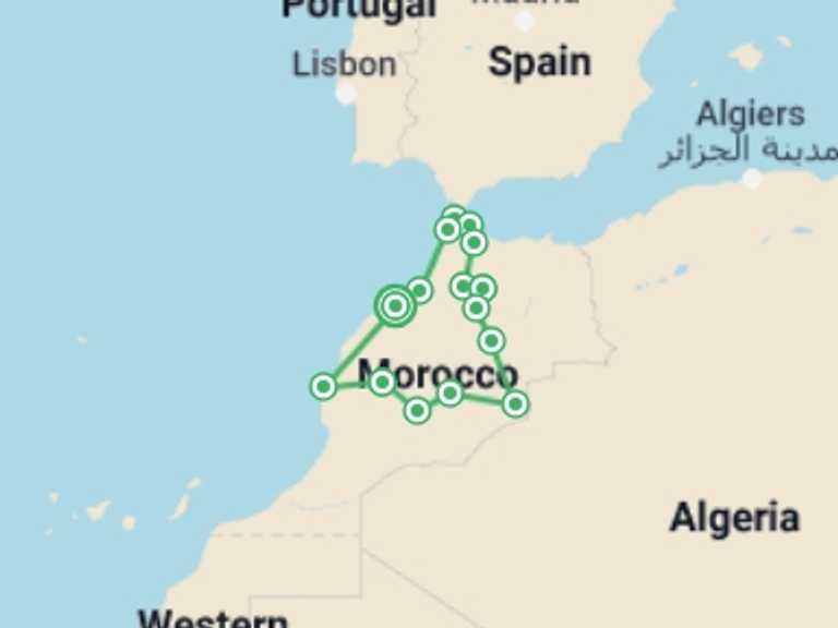 Map of Marrakech Expedition Tour with 15 destination visits for the trip: 11 Days Morocco Discovery tour Imperial cities and Desert