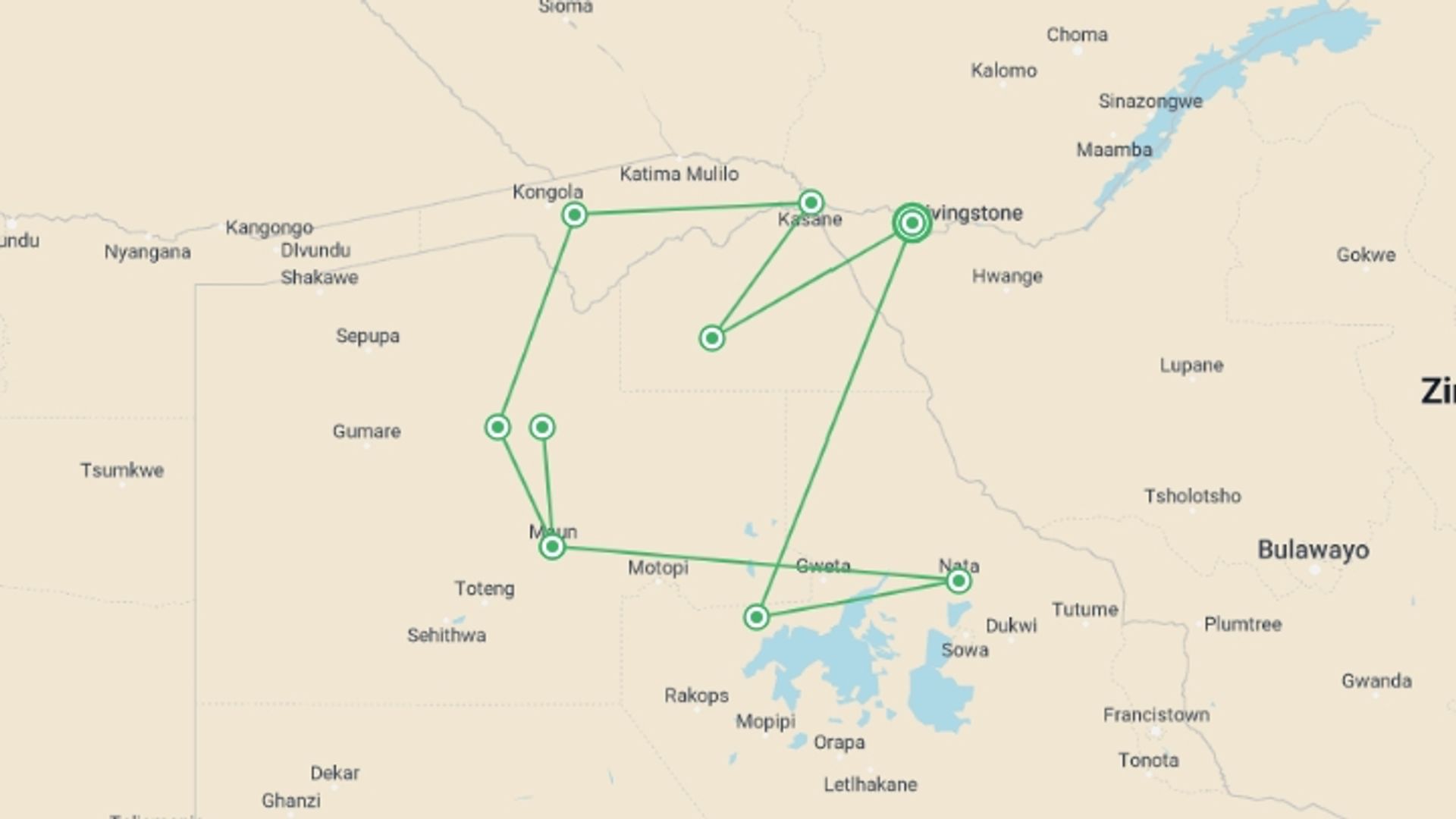 A map showing the tour itinerary for the trip: Botswana Delta and Wildlife Explorer, starting in Victoria Falls, Zimbabwe and ending in Victoria Falls, Zimbabwe going through 7 other destinations.