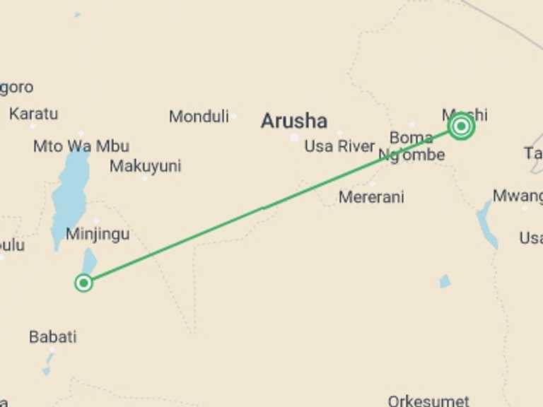 Map itinerary of Moshi Tour in July 2026 with 3 destination visits for the trip: 2 Days Safari - Tarangire and Ngorongoro