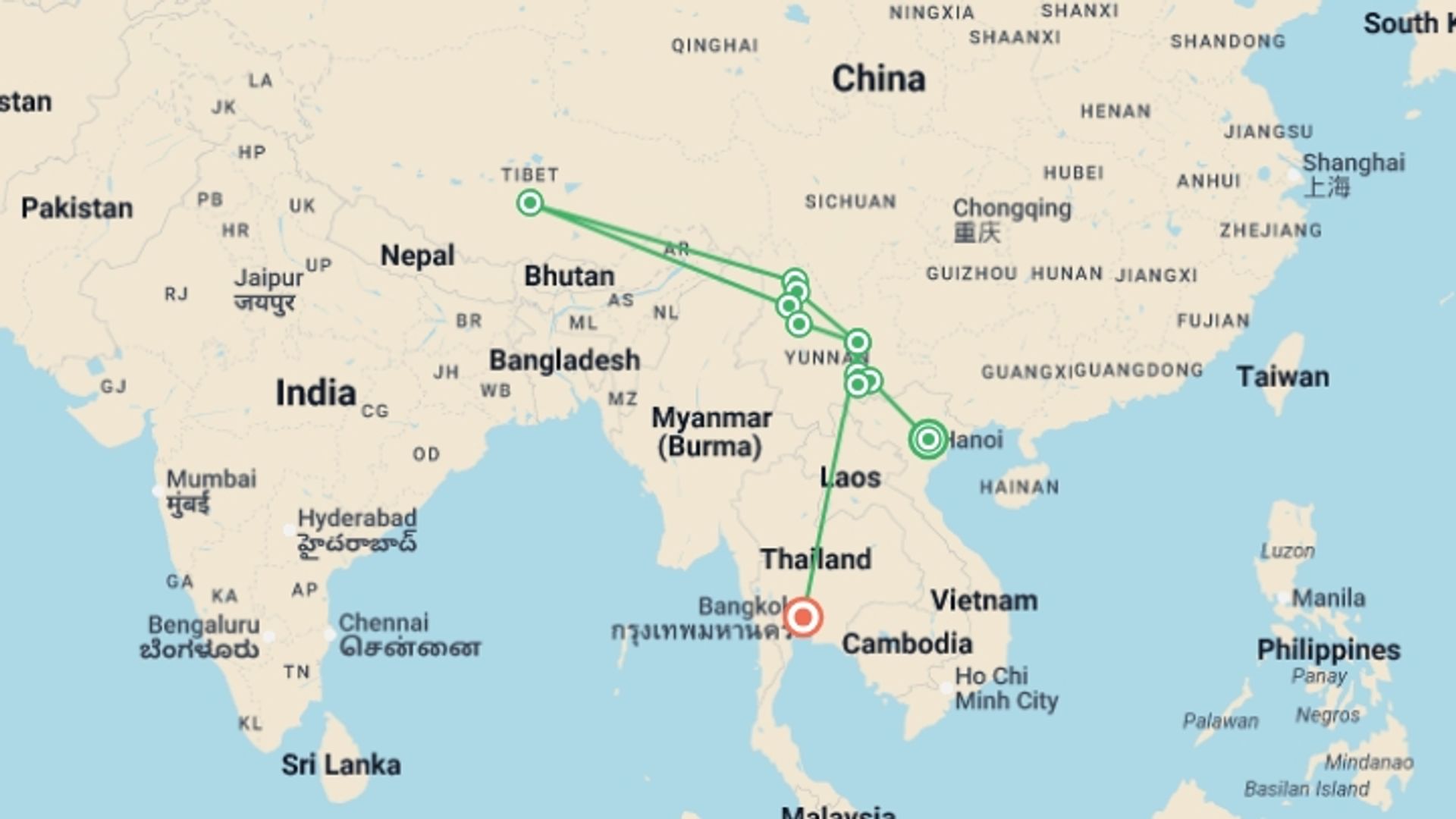 A map showing the tour itinerary for the trip: Vietnam, China & Laos Adventure, starting in Hanoi, Vietnam and ending in Bangkok, Thailand going through 9 other destinations.
