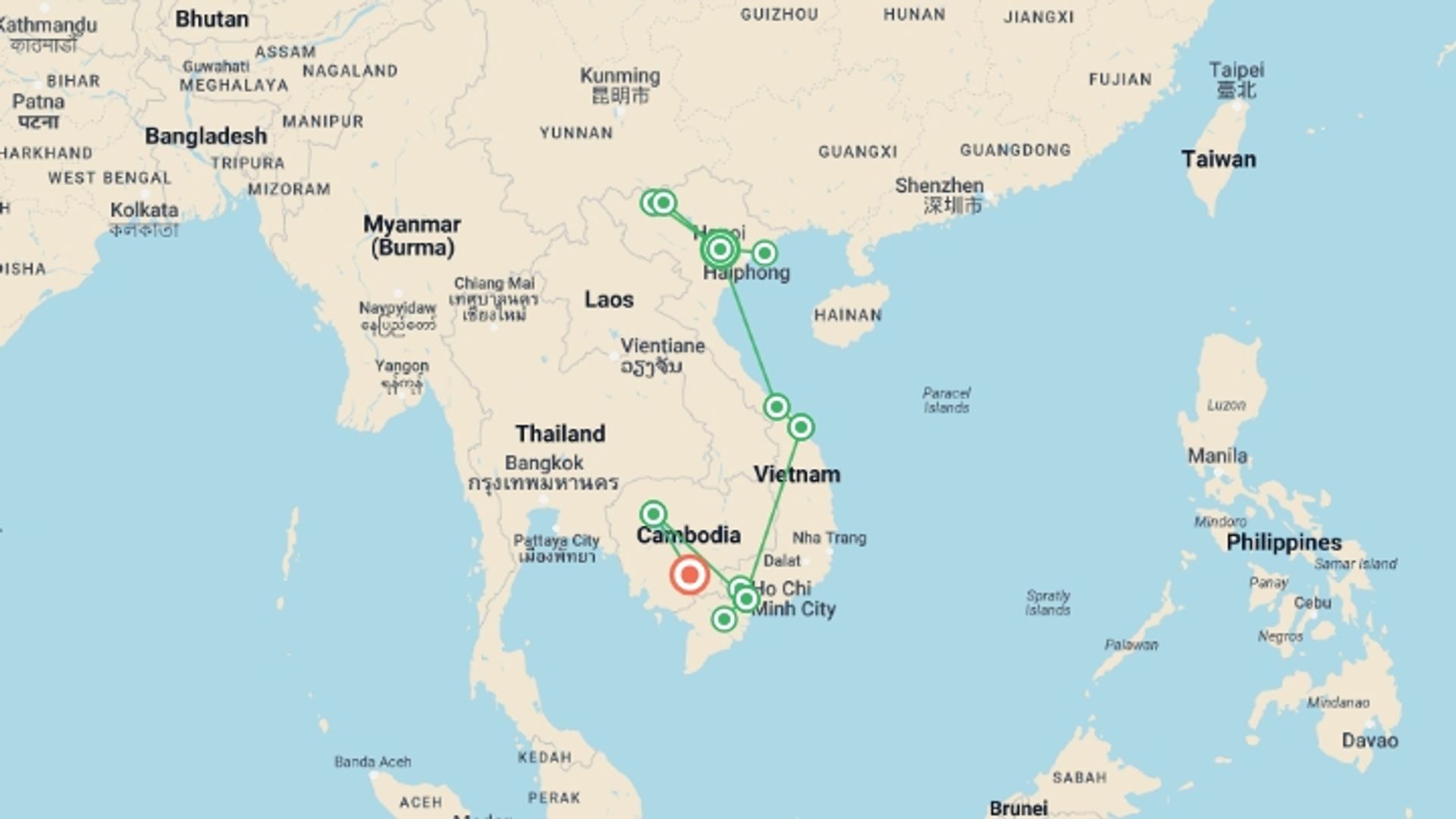 A map showing the tour itinerary for the trip: Vietnam & Cambodia Highlights Tour, starting in Hanoi, Vietnam and ending in Phnom Penh, Cambodia going through 6 other destinations.