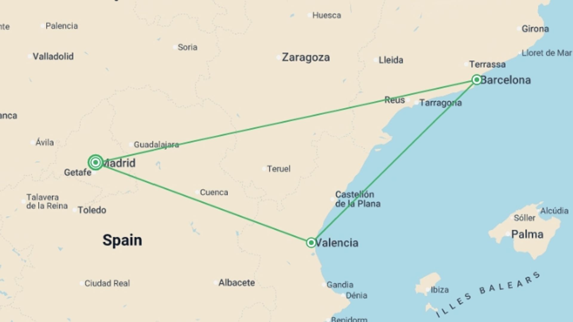 A map showing the tour itinerary for the trip: 4-day Guided Tour Valencia & Barcelona From Madrid (c-441), starting in Madrid, Spain and ending in Madrid, Spain going through 2 other destinations.