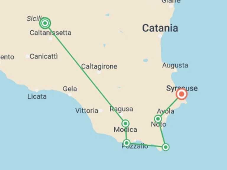 Map itinerary of Syracuse Tour in August 2026 with 6 destination visits for the trip: Self-Guided Cycling through Baroque Sicily