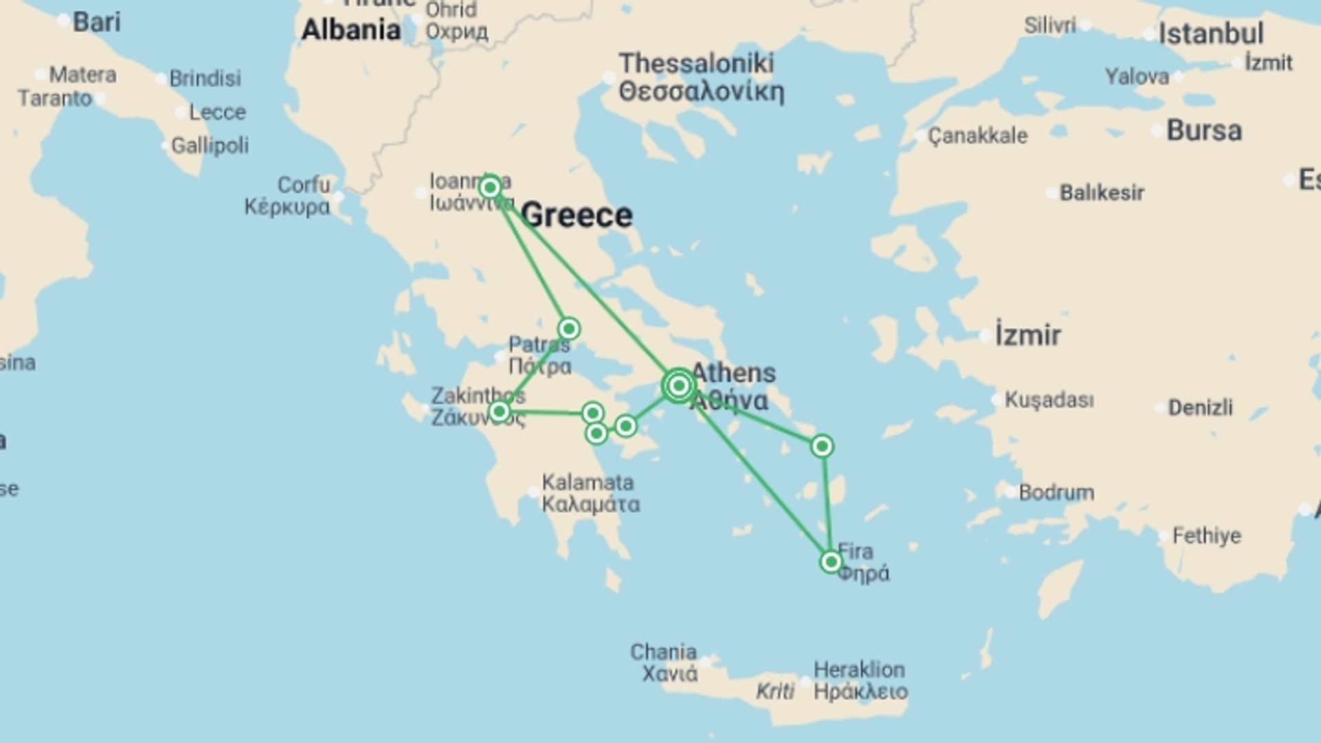A map showing the tour itinerary for the trip: Glory of Greece - 11 days, starting in Athens, Greece and ending in Athens, Greece going through 5 other destinations.