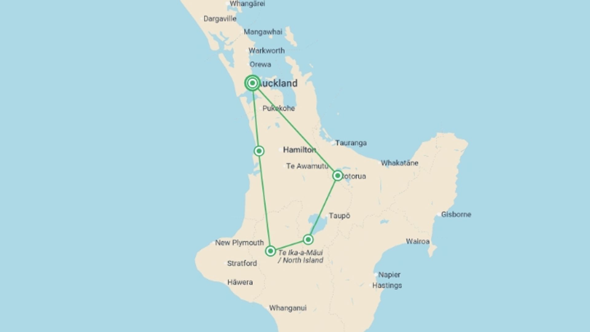 A map showing the tour itinerary for the trip: New Zealand – North Island Multisport, starting in Auckland, New Zealand and ending in Auckland, New Zealand going through 4 other destinations.
