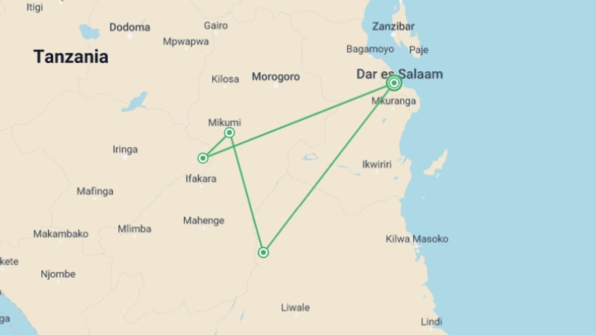 A map showing the tour itinerary for the trip: Tanzania Southern Circuit   Budget Safari, starting in Dar Es Salaam, Tanzania and ending in Dar Es Salaam, Tanzania going through 3 other destinations.