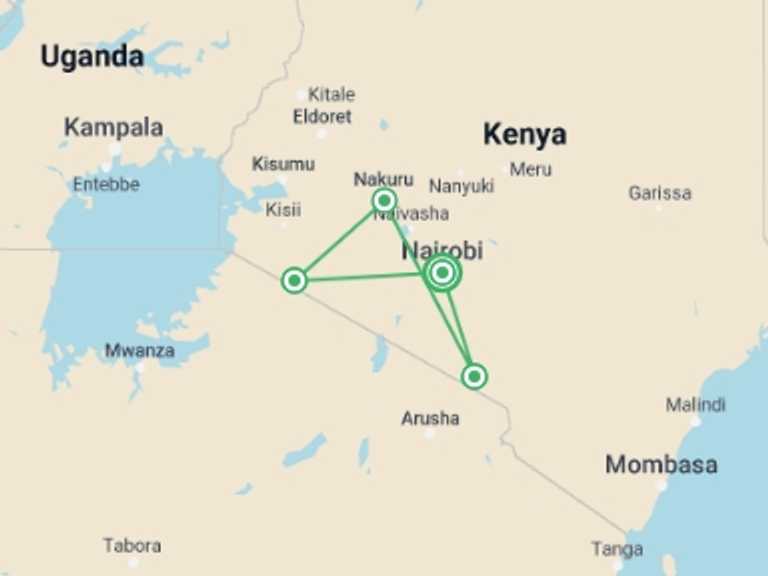 Map of Africa Wildlife safaris and game drives Tour with 4 destination visits for the trip: Kenya Classic, Keekorok Lodges