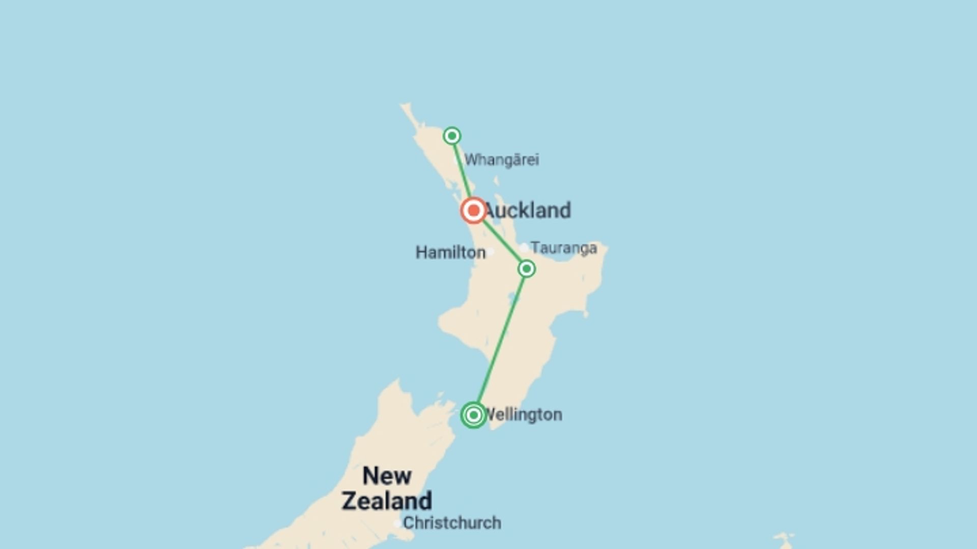 A map showing the tour itinerary for the trip: Northern Wonders, starting in Wellington, New Zealand and ending in Auckland, New Zealand going through 2 other destinations.