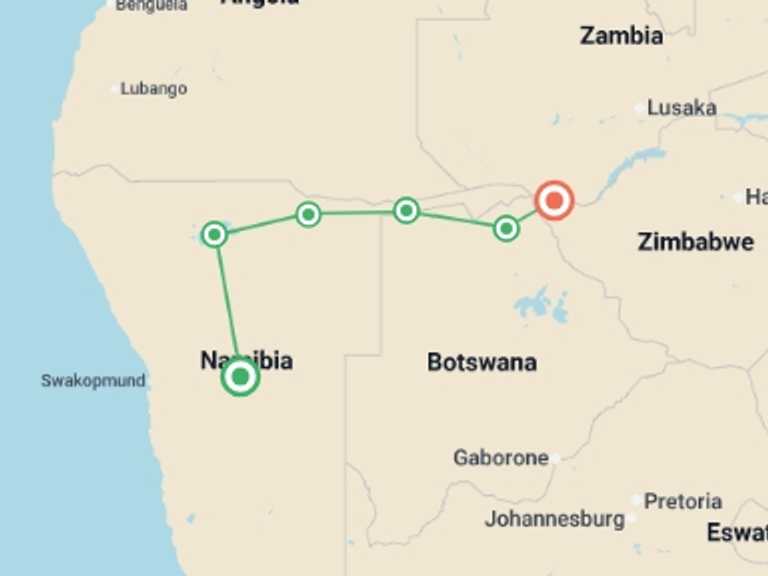 Map of 10-Day Africa Tour with 6 destination visits for the trip: Epic Namibia Wildlife Chobe and Vic Falls