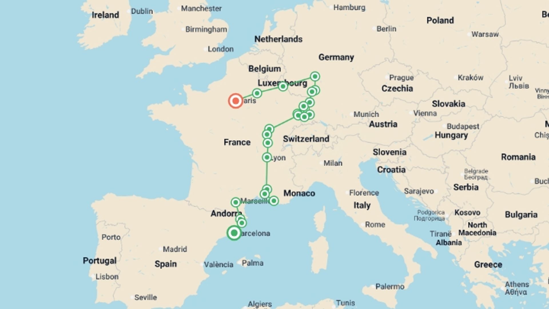 A map showing the tour itinerary for the trip: Catalonia, south of France, Burgundy, Alsace and Black Forest, starting in Barcelona, Spain and ending in Paris, France going through 8 other destinations.