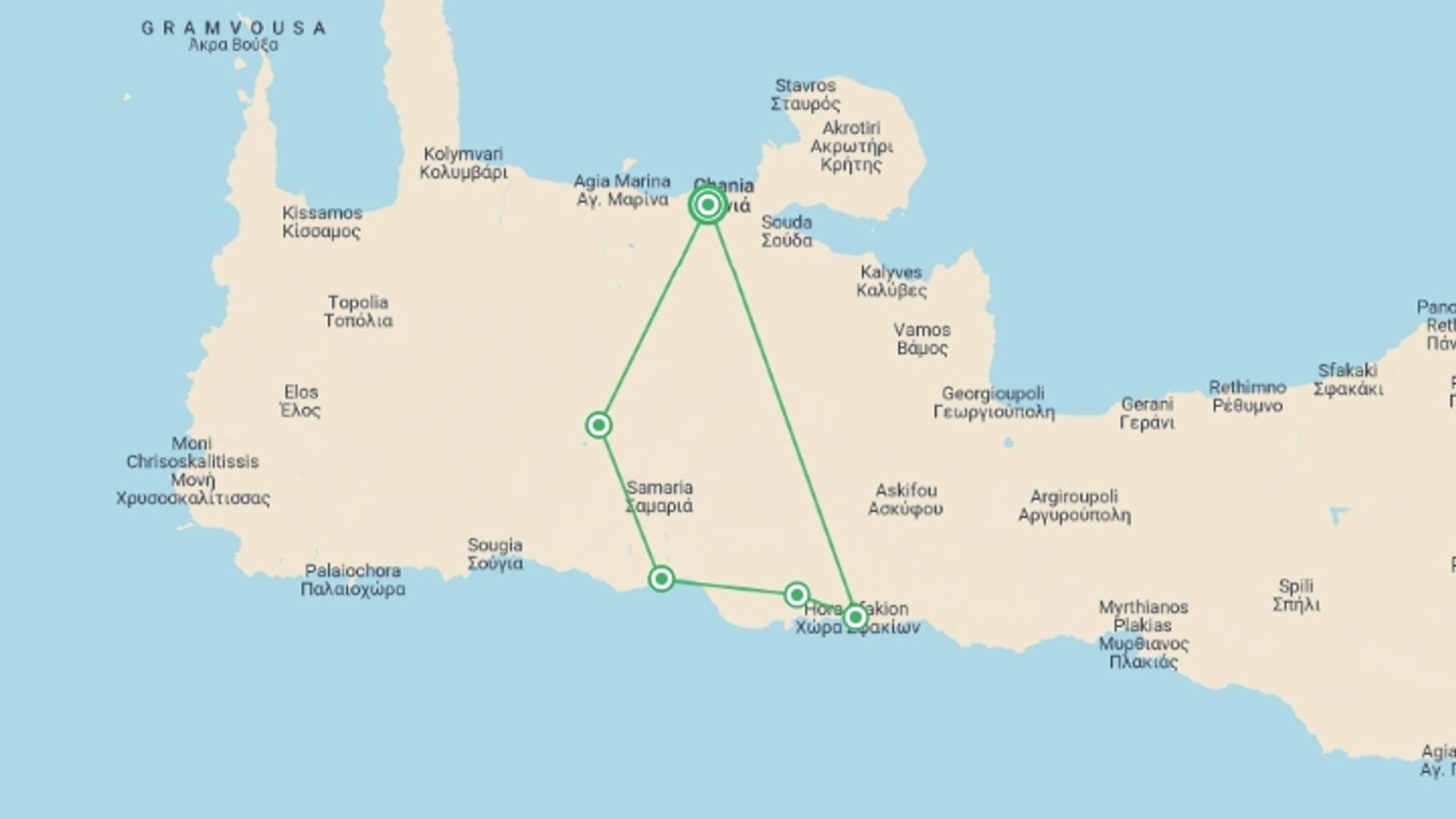 A map showing the tour itinerary for the trip: Exploring Crete, starting in Chania, Greece and ending in Chania, Greece going through 5 other destinations.