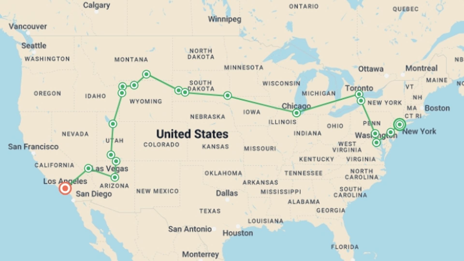 A map showing the tour itinerary for the trip: New York to Hollywood, starting in New York, USA and ending in Los Angeles, USA going through 13 other destinations.