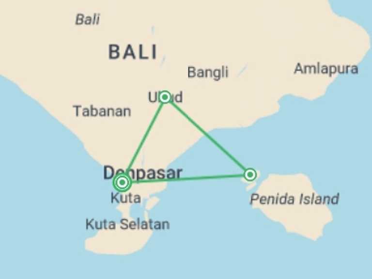 Map of Indonesia Tour with 4 destination visits for the trip: Bali Bliss