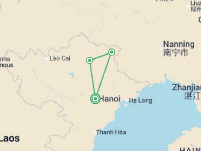 Map of Hanoi Adventure Tour with 4 destination visits for the trip: Ba Be Lake & Ban Gioc Waterfall Adventure 3D/2N