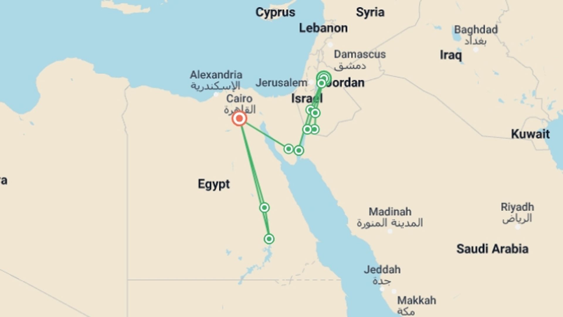 A map showing the tour itinerary for the trip: Middle East Dream Escape: Iconic Petra & The Great Pyramids, starting in Amman, Jordan and ending in Cairo, Egypt going through 9 other destinations.