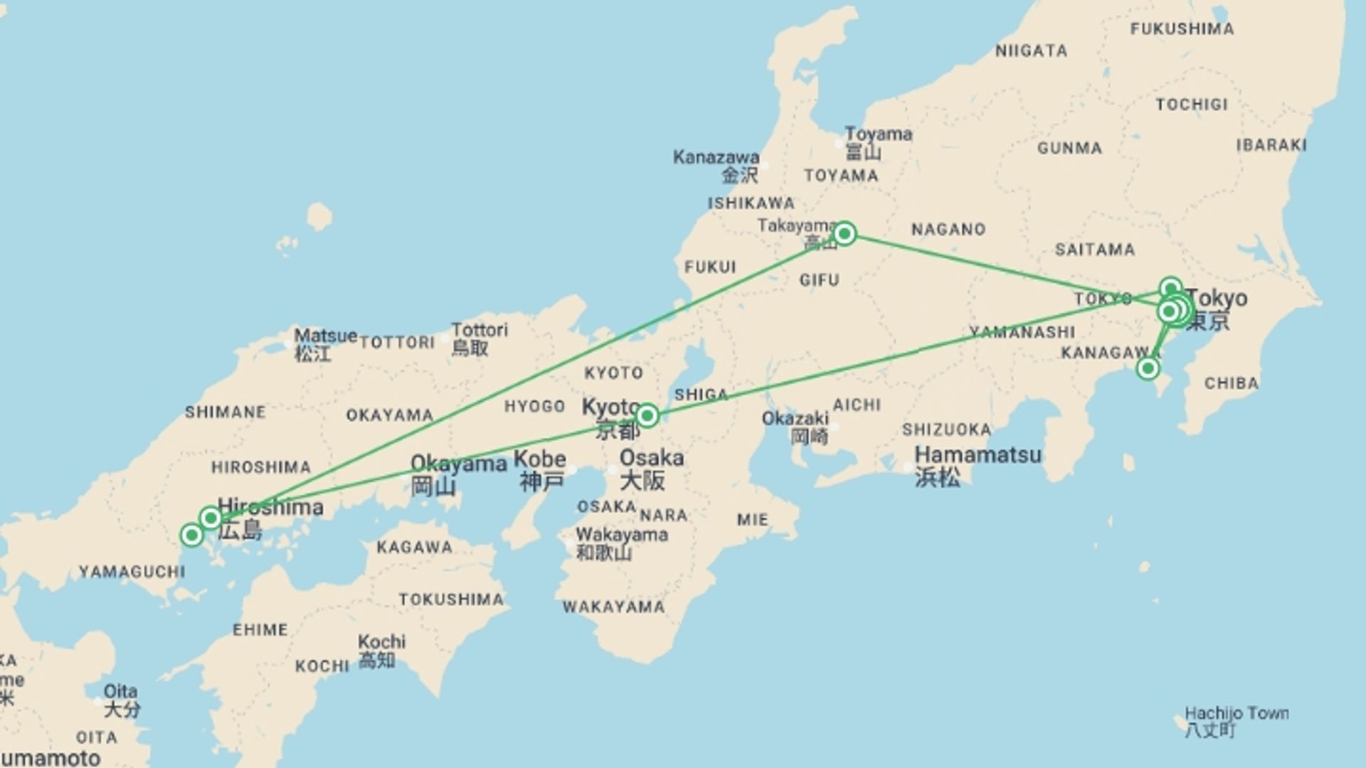 A map showing the tour itinerary for the trip: Tokyo to Takayama - 13 days, starting in Tokyo, Japan and ending in Tokyo, Japan going through 7 other destinations.