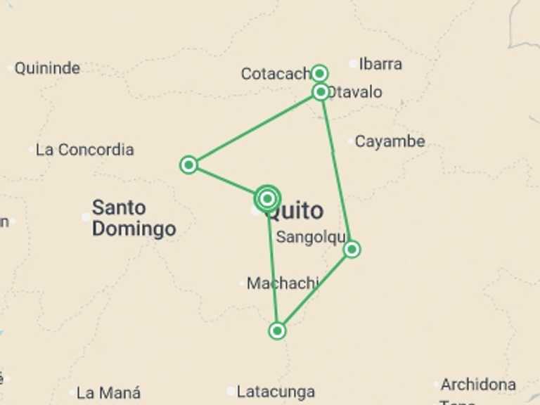 Map itinerary of Quito Tour in October 2025 with 4 destination visits for the trip: Ecuador Explorer - 7 days