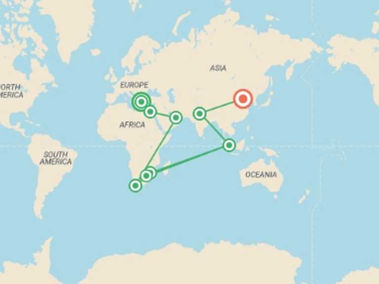 Map of a Adventure Tour with 9 destination visits for the trip: Around the World
