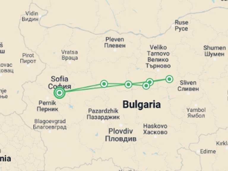 Map of Bulgaria Tour with 6 destination visits for the trip: Balkan Mountains Cycle