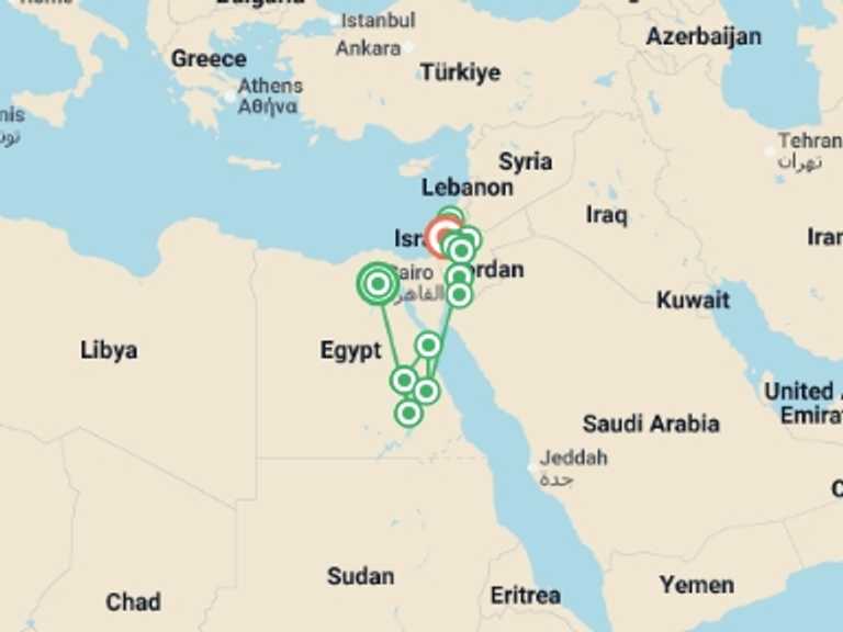 Map of Asia Tour with 11 destination visits for the trip: Pyramids, Petra, Promised Land with Cruise - 19 days