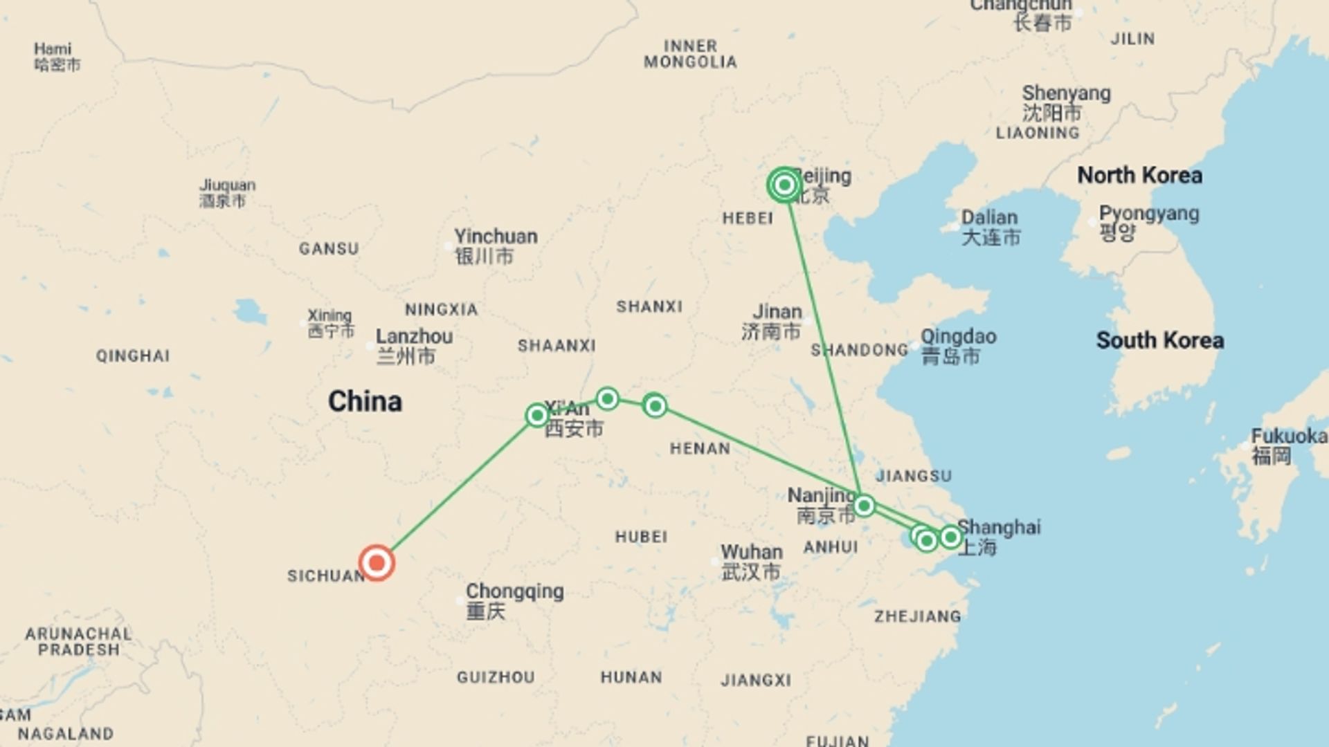 A map showing the tour itinerary for the trip: Golden Triangle in China and Chengdu, starting in Beijing, China and ending in Chengdu, China going through 4 other destinations.