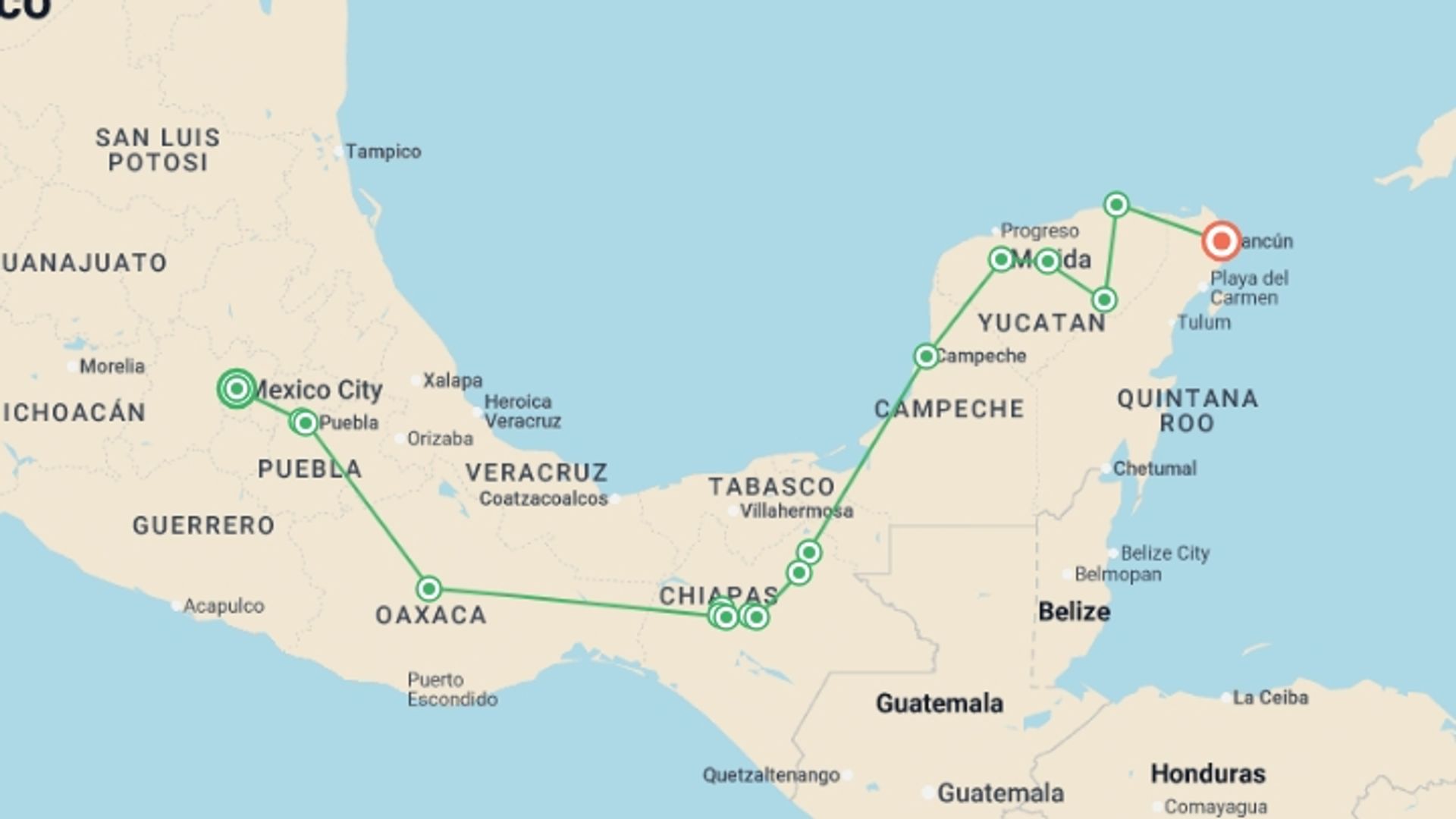 A map showing the tour itinerary for the trip: From Mexico City to Cancun, starting in Mexico City, Mexico and ending in Cancún, Mexico going through 8 other destinations.