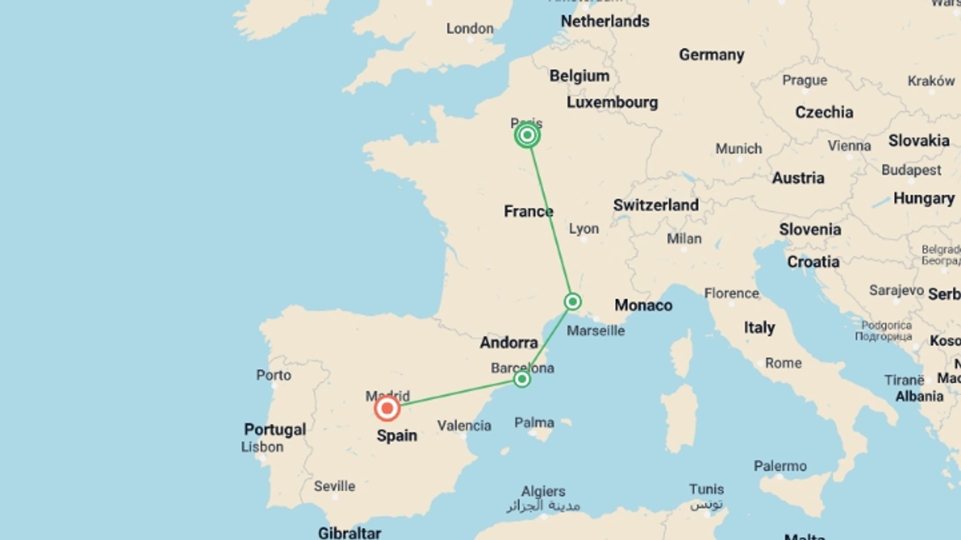 A map showing the tour itinerary for the trip: Paris to Madrid by Rail, starting in Paris, France and ending in Madrid, Spain going through 2 other destinations.