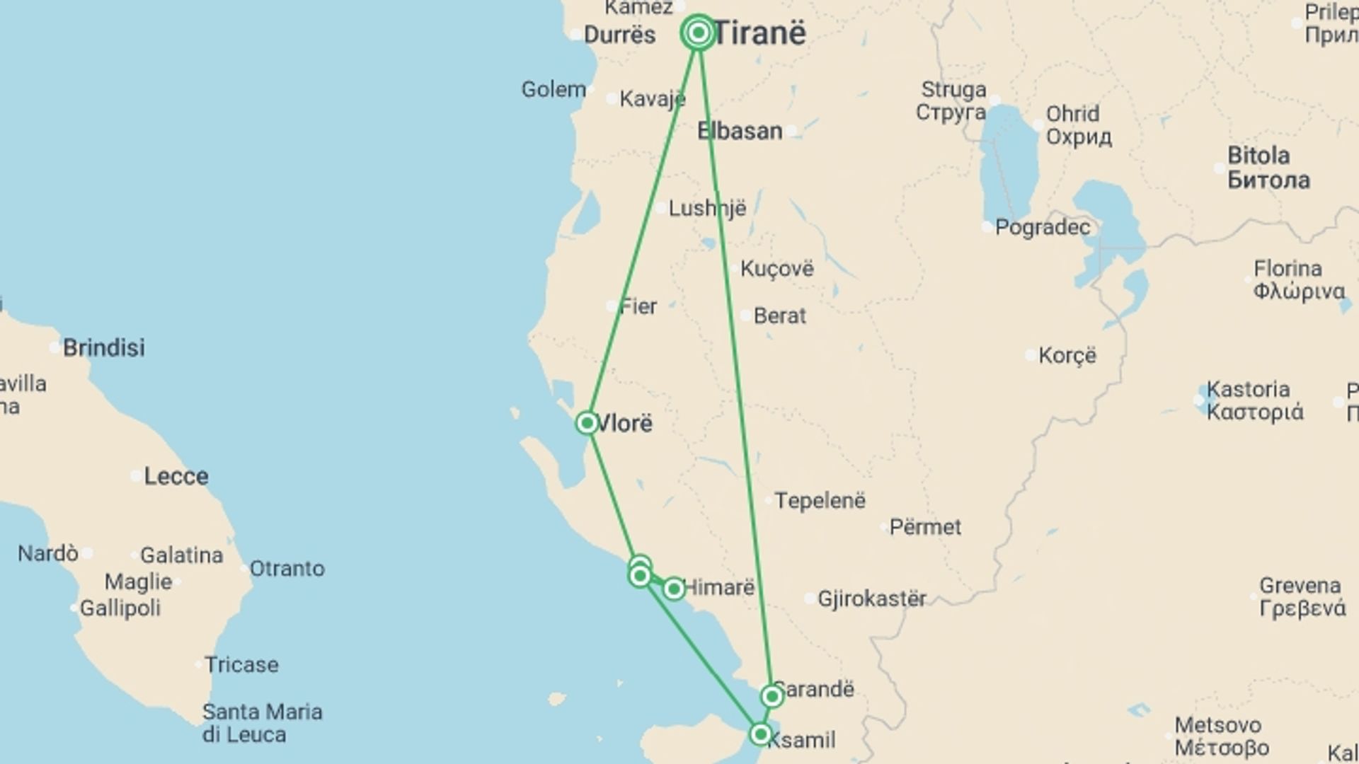 A map showing the tour itinerary for the trip: Albania Riviera Express - 3 days, starting in Tirana, Albania and ending in Tirana, Albania going through 1 other destinations.