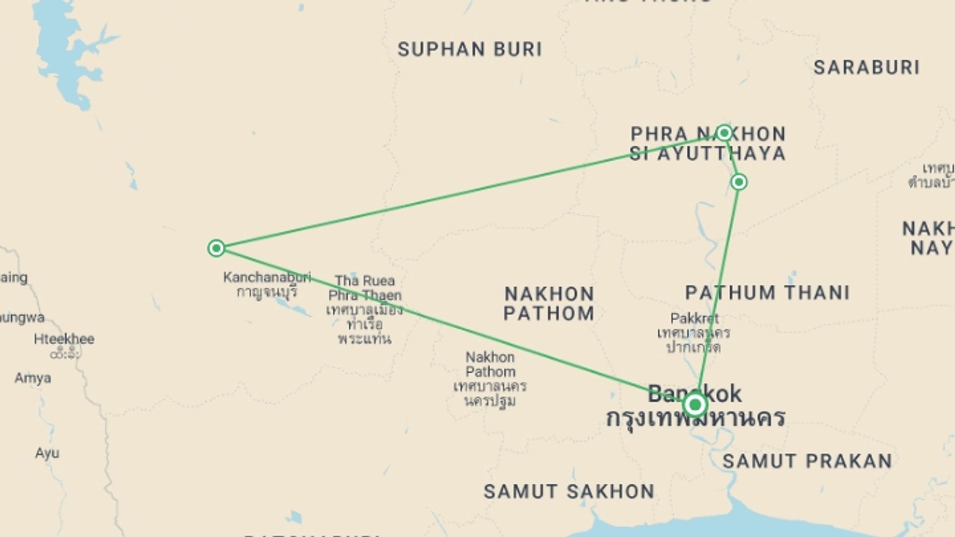 A map showing the tour itinerary for the trip: Central Thailand Explorer, starting in Bangkok, Thailand and ending in Bangkok, Thailand going through 3 other destinations.