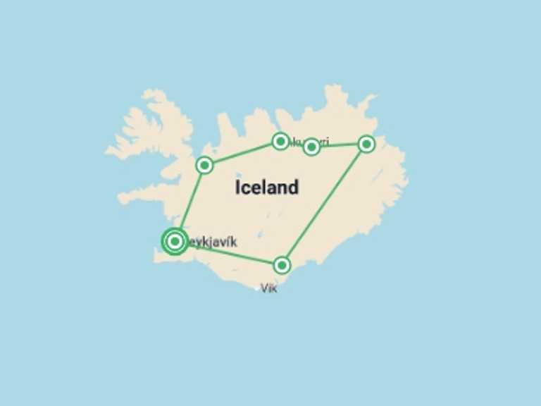 Map itinerary of Reykjavik Tour in Fall with 6 destination visits for the trip: Wild Iceland & Whale Watching - 8 days