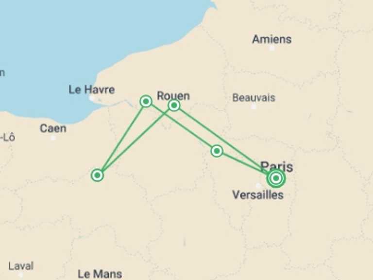 Map of Paris Cruise Tour with 5 destination visits for the trip: Authentic Normandy: Charming Villages, Traditional Food, and Classic Sites (port-to-port cruise)