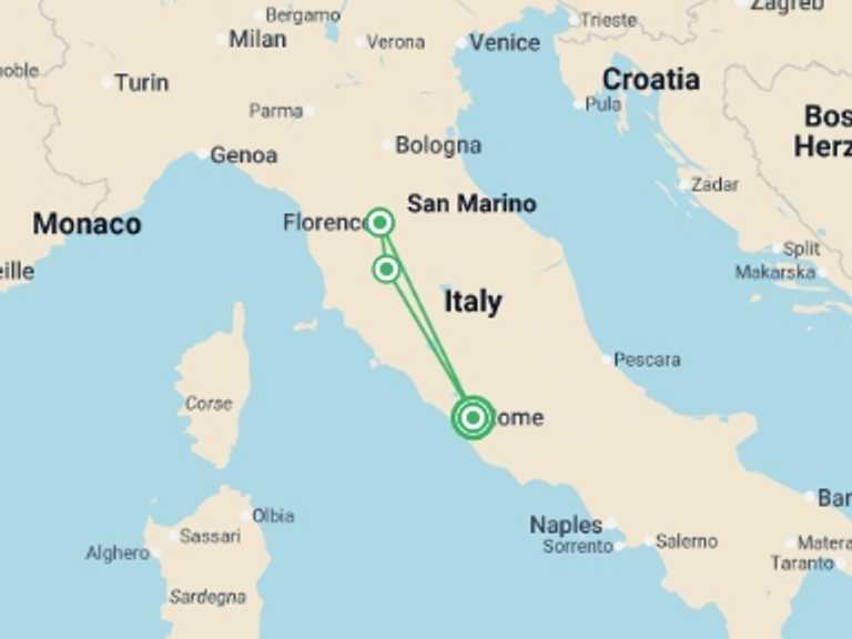 Map itinerary of Italy Tour in January 2026 with 3 destination visits for the trip: Roman Holiday