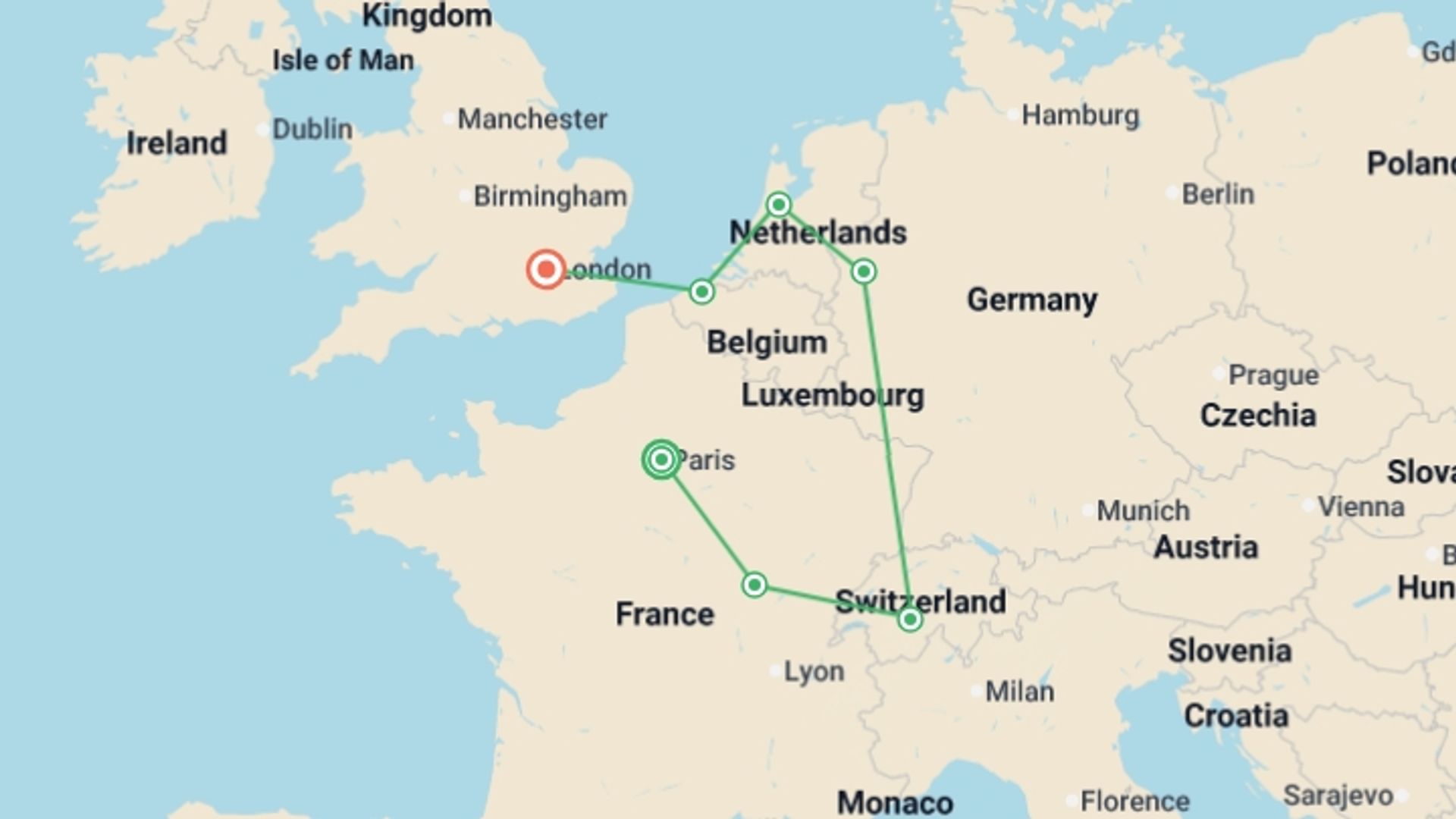 A map showing the tour itinerary for the trip: Europe Taster Christmas, starting in Paris, France and ending in London, England going through 5 other destinations.