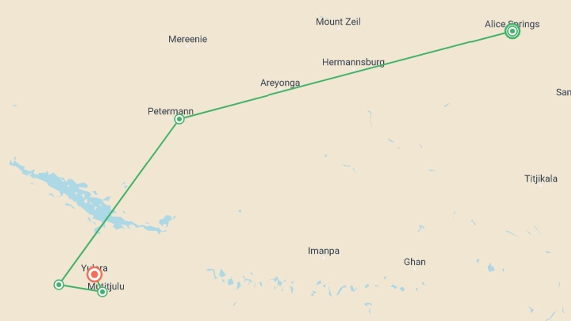 A map showing the tour itinerary for the trip: Best of Uluru & Kings Canyon, starting in Alice Springs, Australia and ending in Yulara, Australia going through 1 other destinations.