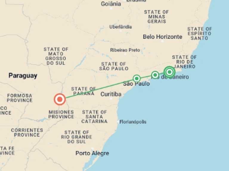 Map of a Rainforest and jungle visits Tour with 6 destination visits for the trip: Brazil & Iguazu Highlights - Tour Rio de Janeiro to Iguazu Falls
