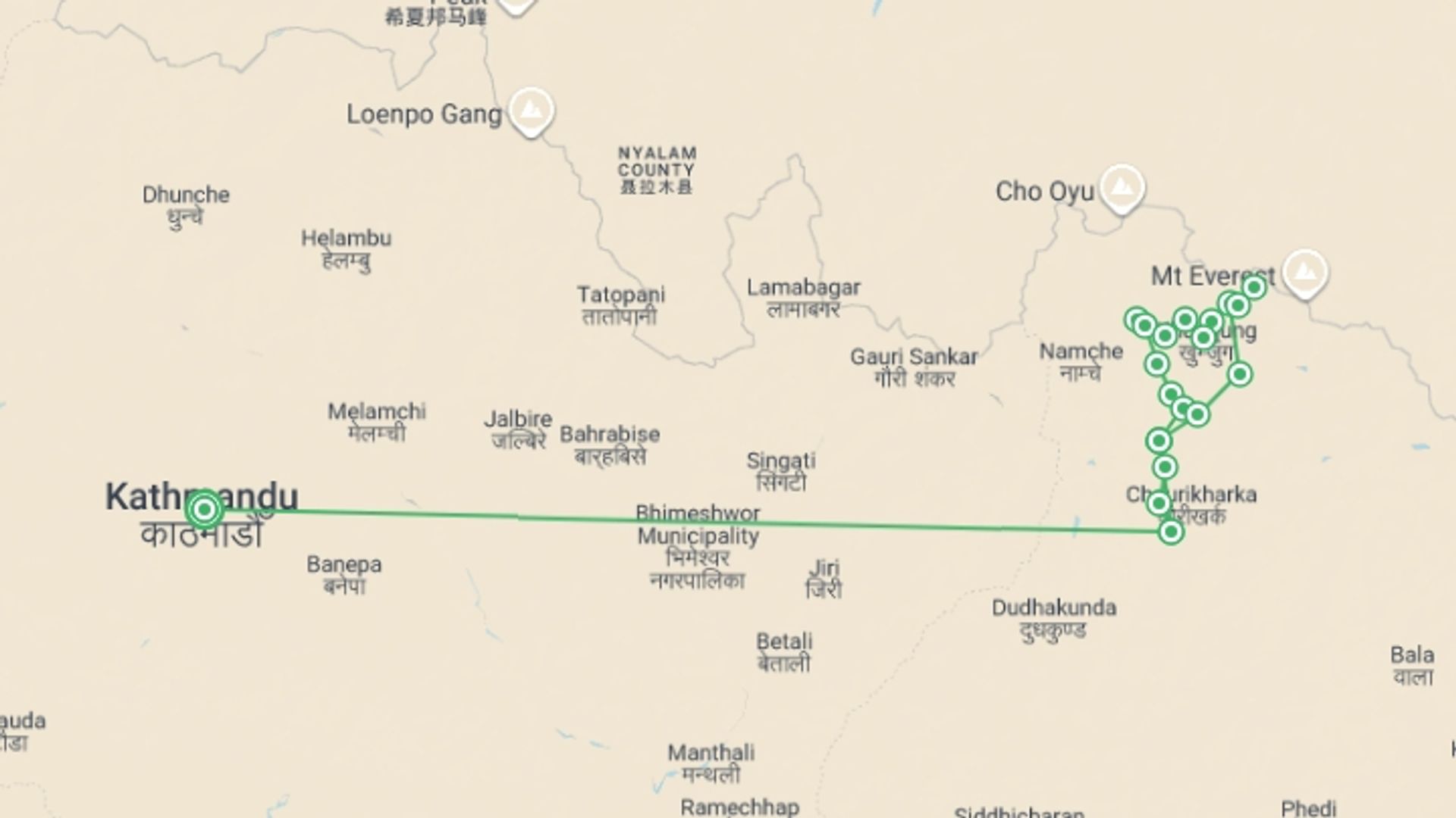 A map showing the tour itinerary for the trip: Everest Circuit & the Cho La in Comfort, starting in Kathmandu, Nepal and ending in Kathmandu, Nepal going through 17 other destinations.