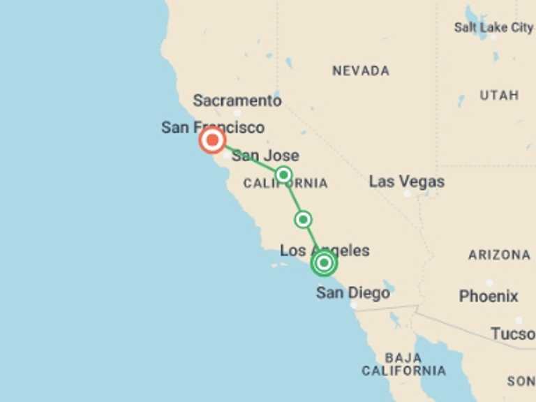 Map of San Francisco City sightseeing Tour with 4 destination visits for the trip: Fascinating West, Ending in San Francisco