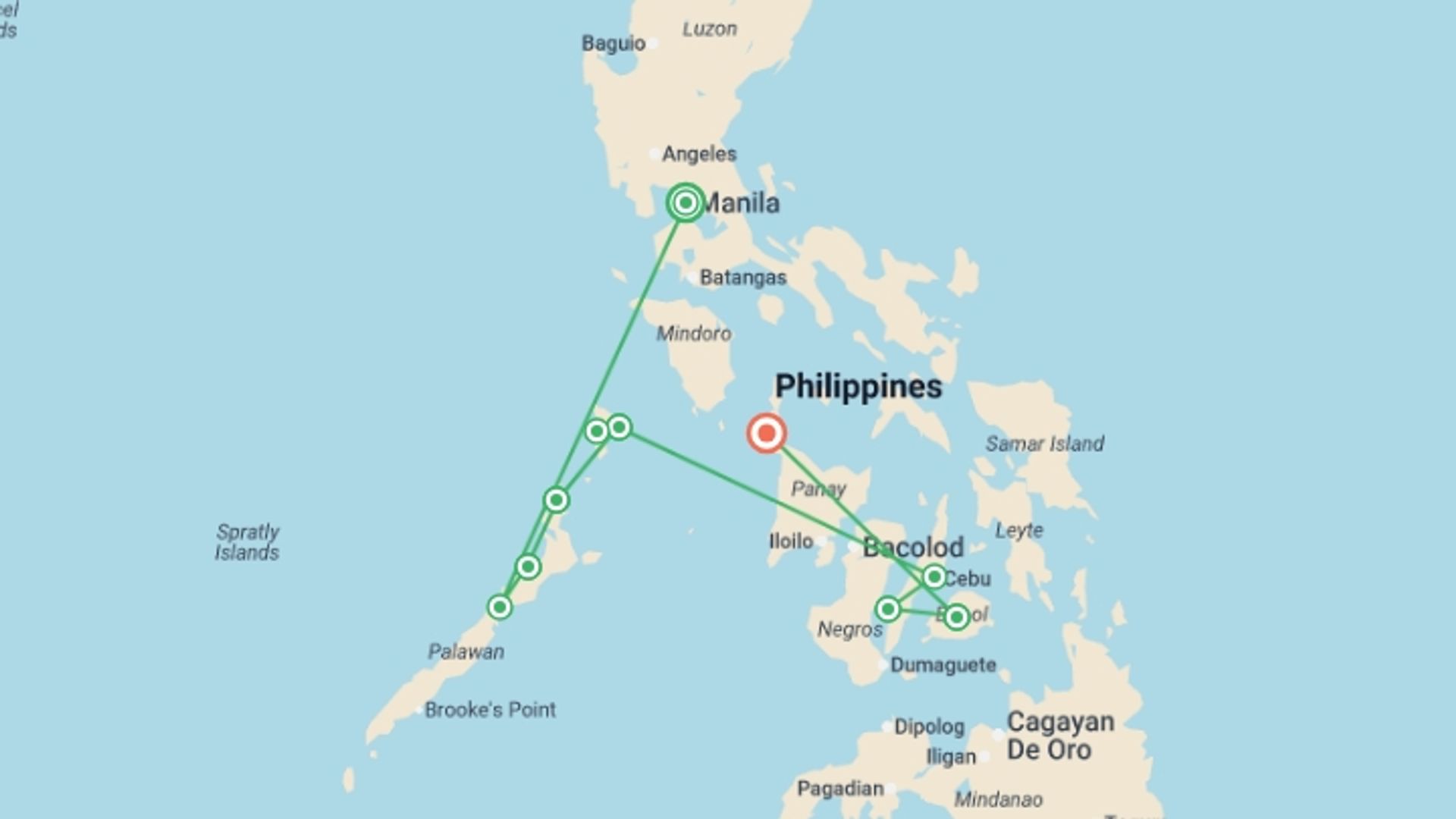 A map showing the tour itinerary for the trip: Philippines Encompassed - 23 days, starting in Manila, Philippines and ending in Boracay, Philippines going through 7 other destinations.