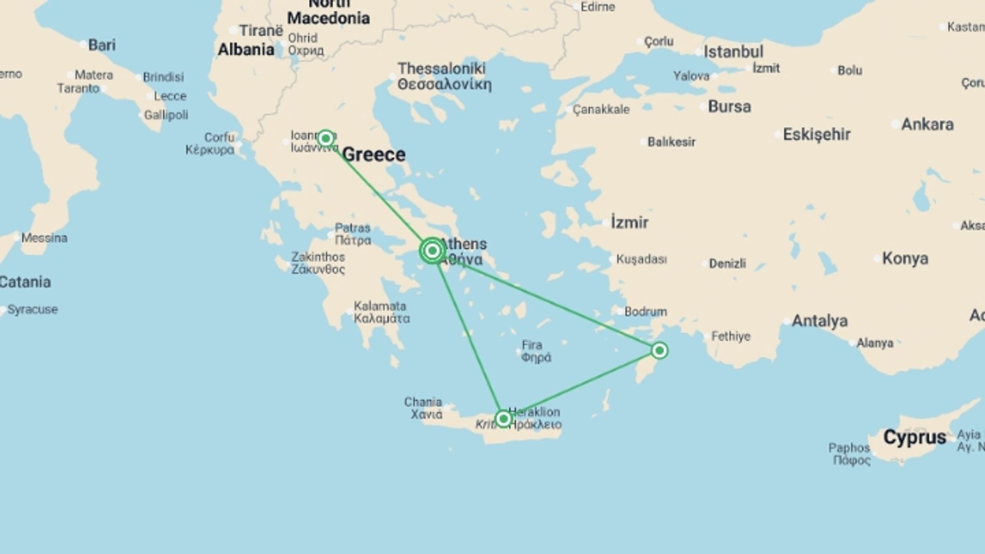 A map showing the tour itinerary for the trip: Rhodes, Crete, and Continental Greece, starting in Athens, Greece and ending in Athens, Greece going through 3 other destinations.