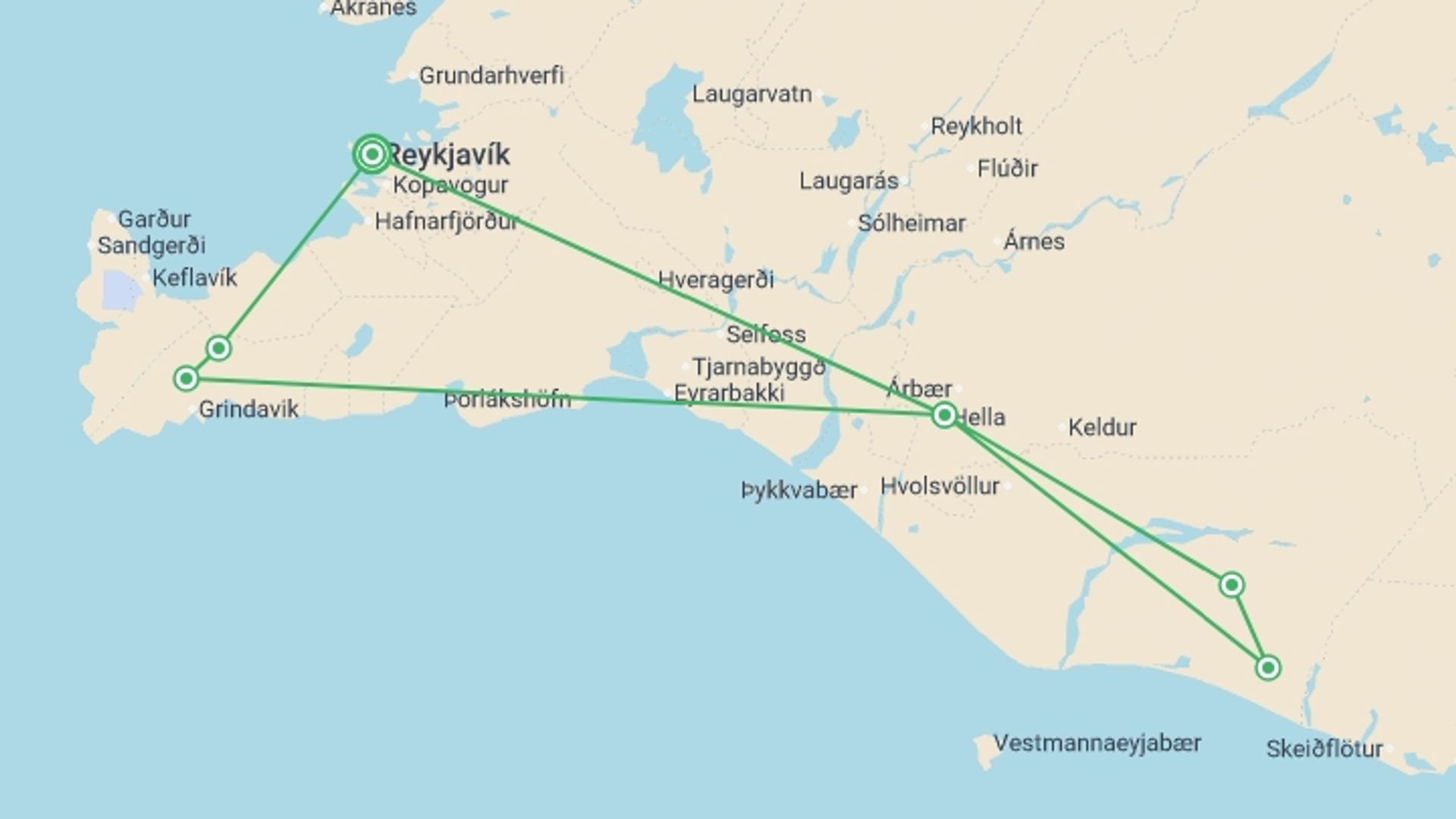 A map showing the tour itinerary for the trip: Iceland, Land of Midnight Sun - 5 days, starting in Reykjavik, Iceland and ending in Reykjavik, Iceland going through 1 other destinations.