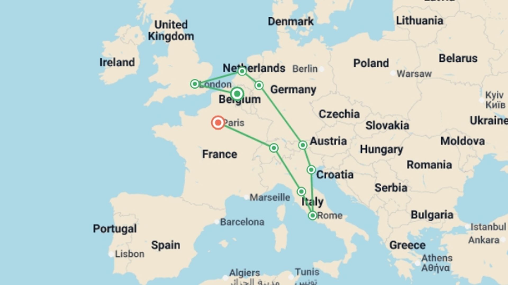 A map showing the tour itinerary for the trip: European Whirl, starting in Brussels, Belgium and ending in Paris, France going through 8 other destinations.